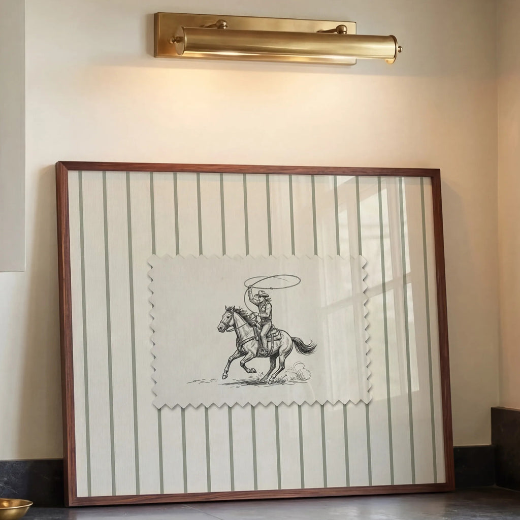 a kitchen with a framed picture of a cowboy on the wall above a sink. The kitchen has white cabinets and a marble countertop.