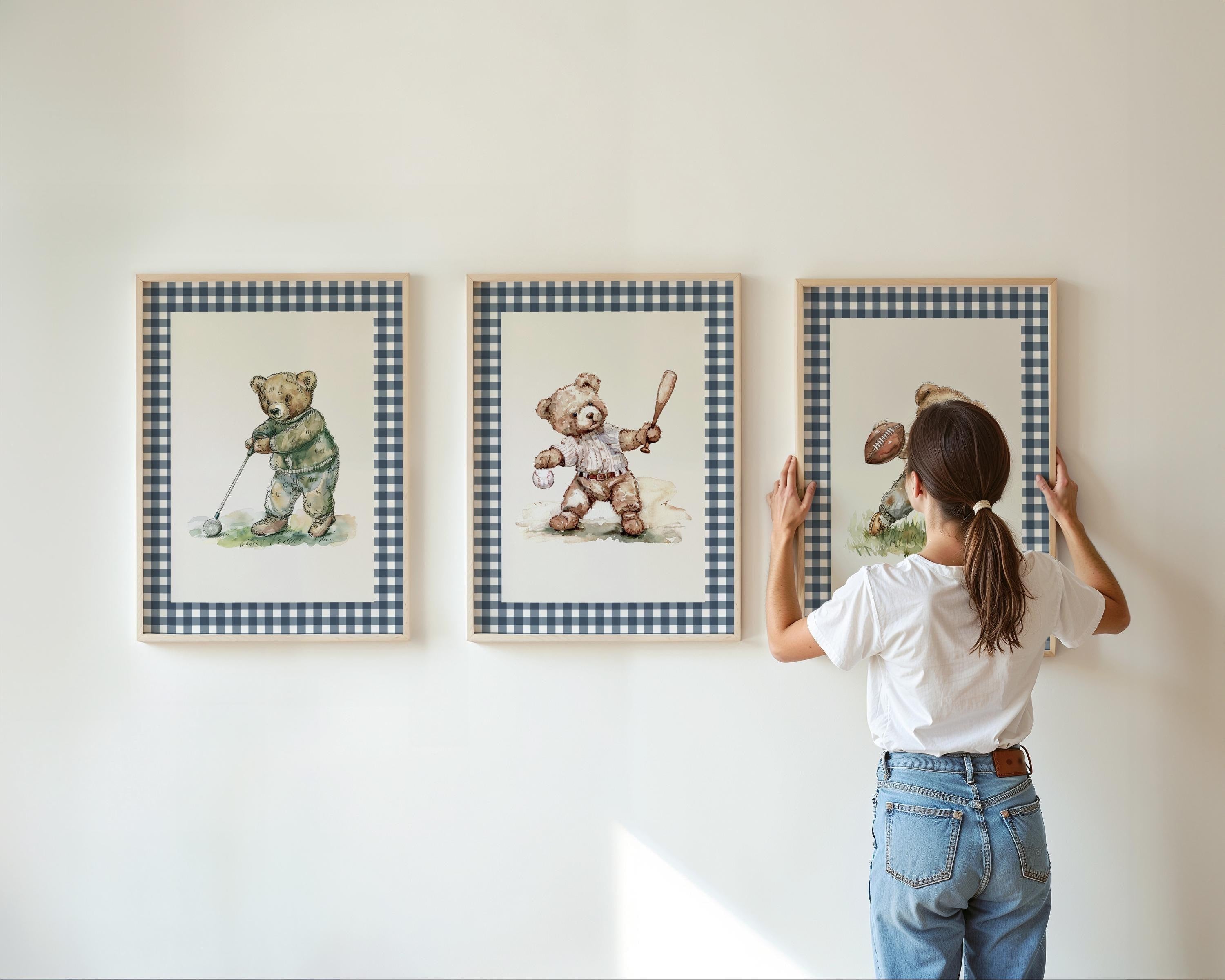 Teddy Bear Print Set of 3 in Navy Gingham | 1918
