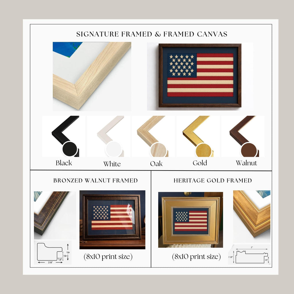 The image is a collage of three framed prints, each with different frame styles and finishes, including black, white, oak, and antique gold.