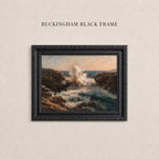 The image is a framed painting depicting a rocky coastline with crashing waves.