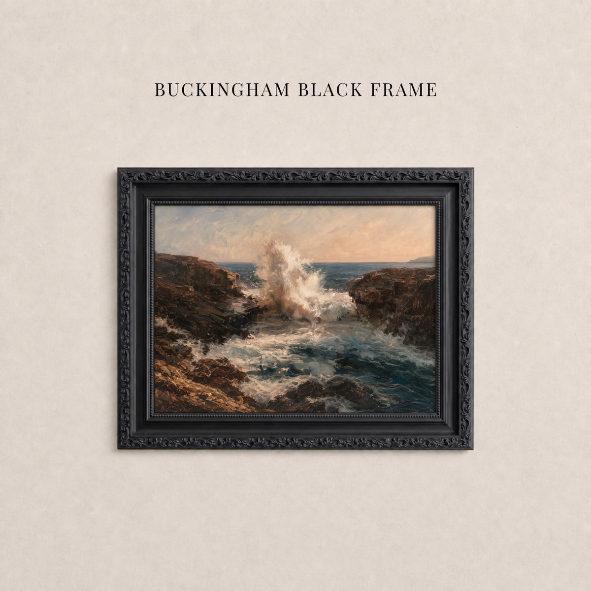 The image is a framed painting depicting a rocky coastline with crashing waves.
