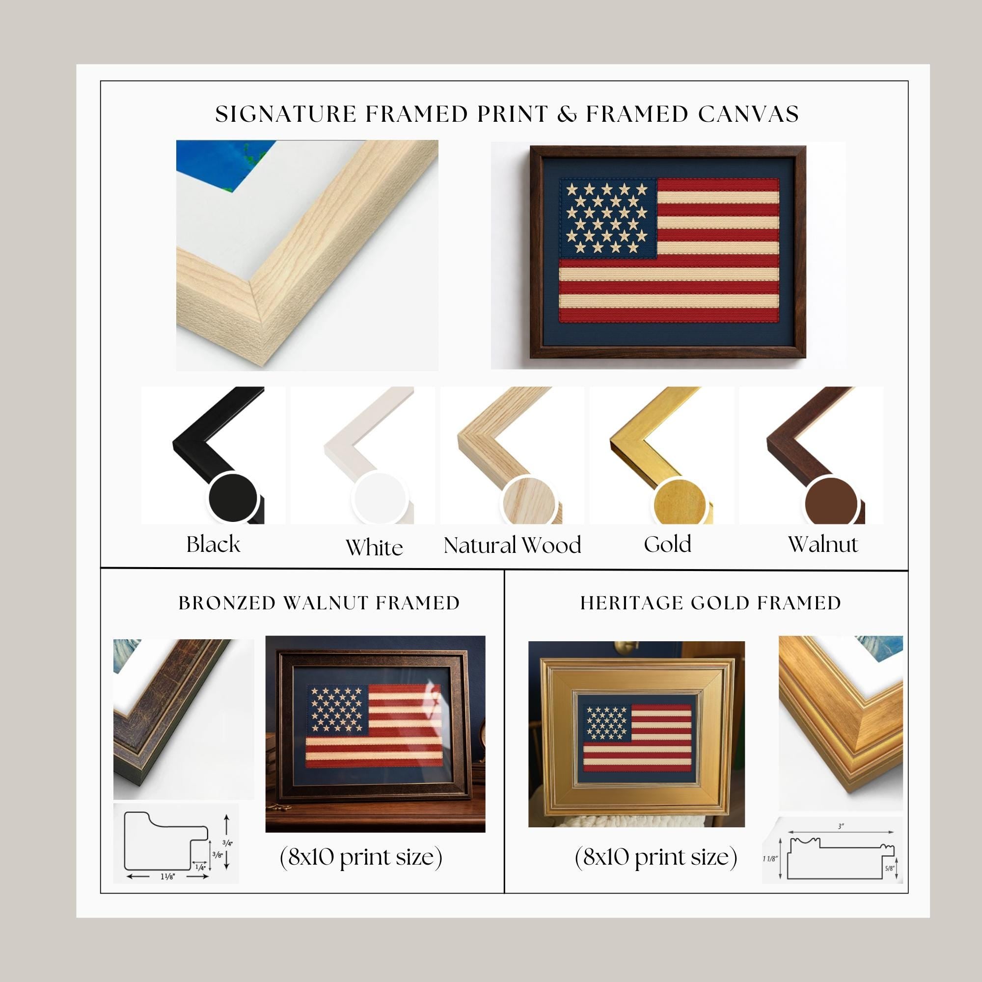 The image is a collage of three framed prints, each with different frame styles and finishes, including black, white, oak, and antique gold.
