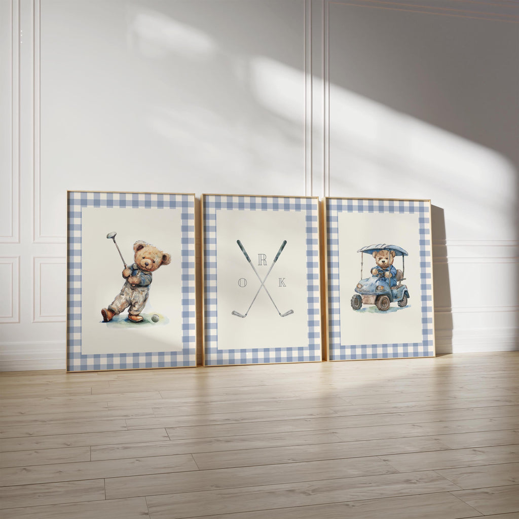 Boy golf nursery art, Vintage boy nursery, Teddy Bear Golf Print Nursery, Teddy Bear Art Kids Room, Gingham, Blue, Digital,Printable,Framed