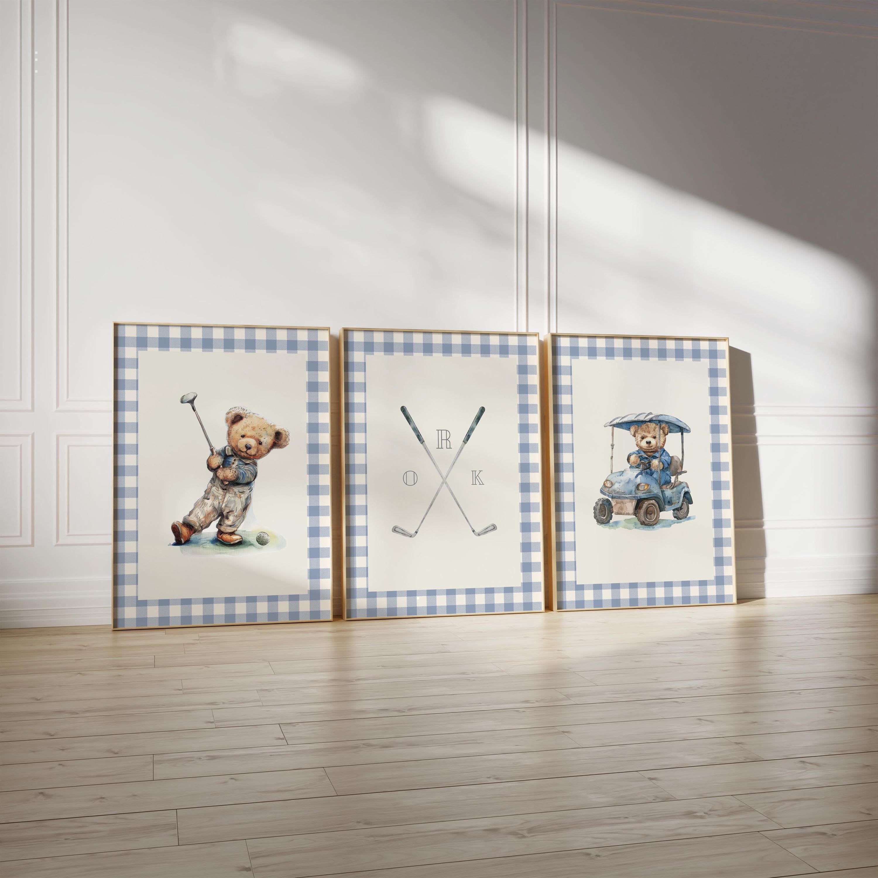 Boy golf nursery art, Vintage boy nursery, Teddy Bear Golf Print Nursery, Teddy Bear Art Kids Room, Gingham, Blue, Digital,Printable,Framed