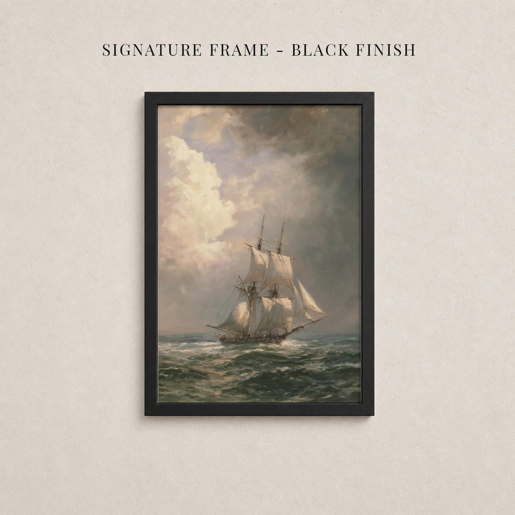 The image is a framed painting depicting a sailing ship on the ocean, with a cloudy sky in the background.