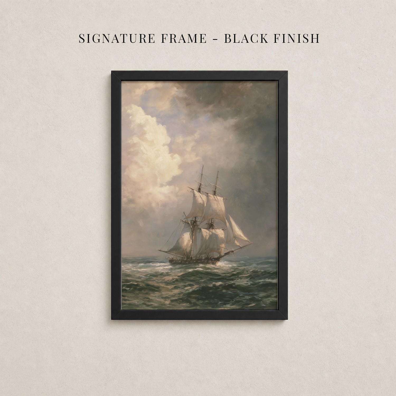 The image is a framed painting depicting a sailing ship on the ocean, with a cloudy sky in the background.