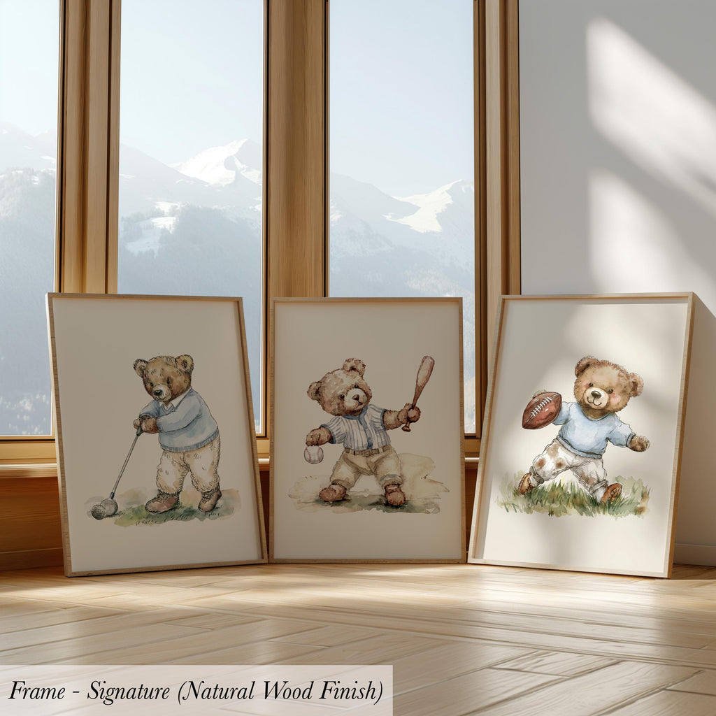 three framed watercolor paintings of teddy bears, each depicting a different activity - playing golf, holding a baseball bat, and holding a football.