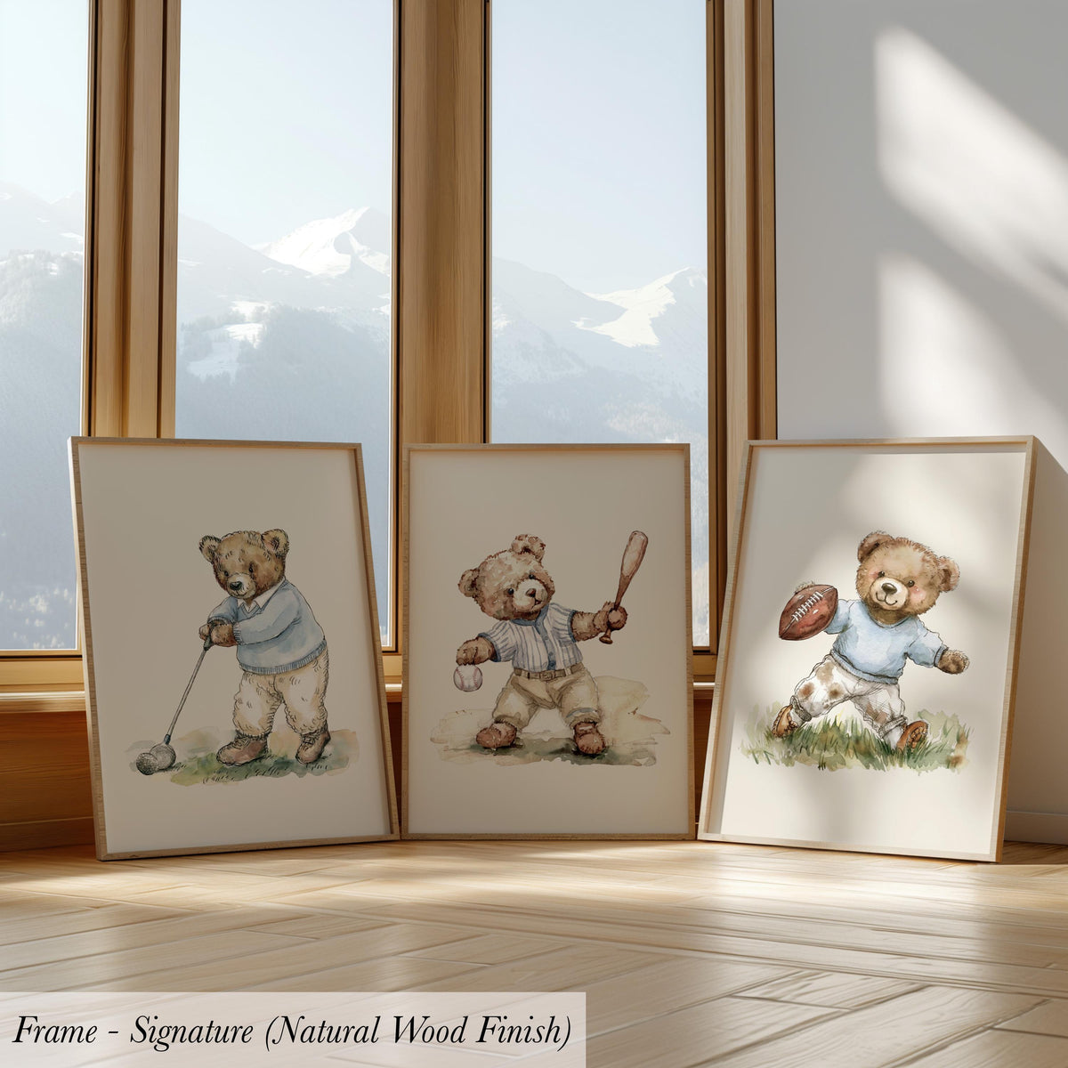 three framed watercolor paintings of teddy bears, each depicting a different activity - playing golf, holding a baseball bat, and holding a football.