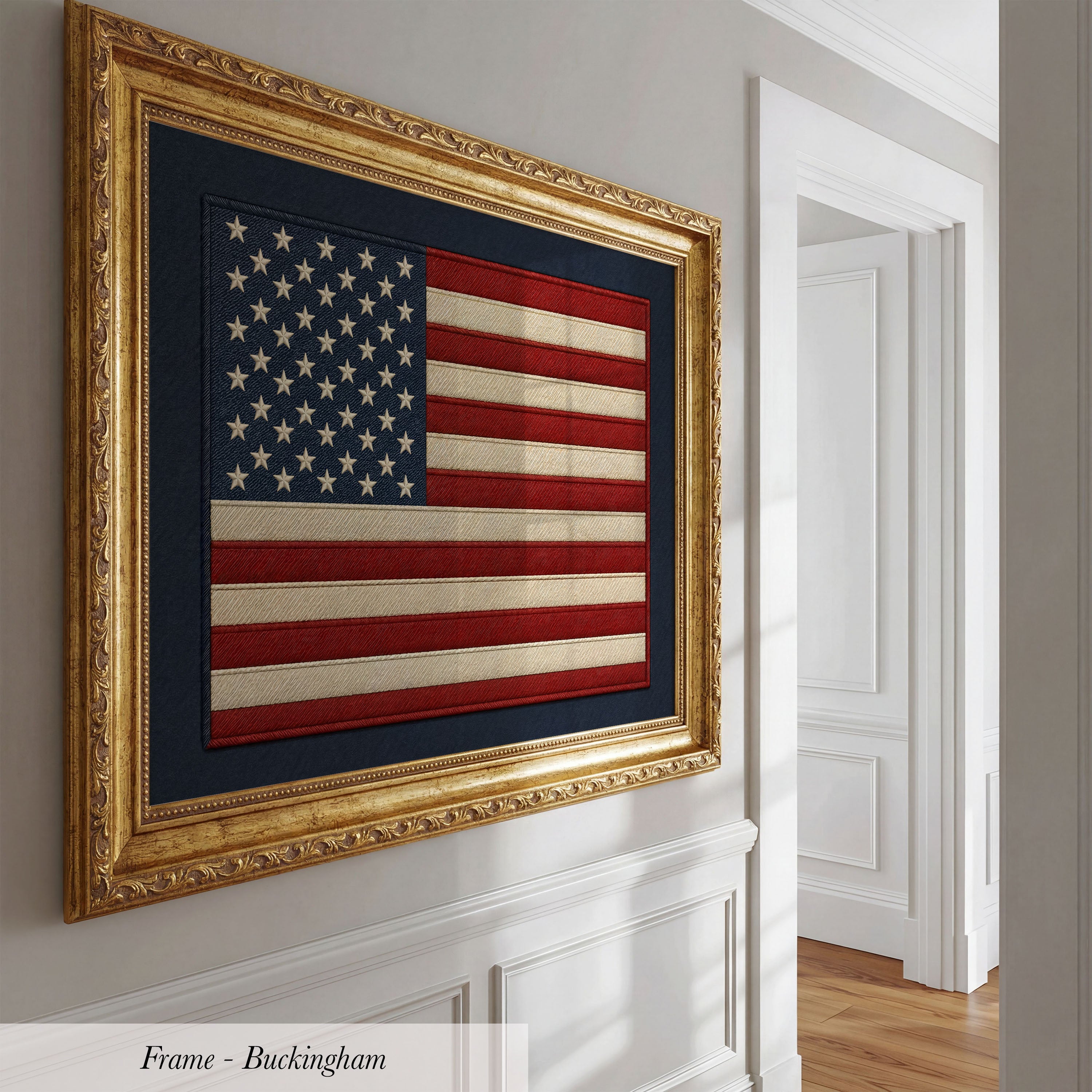A framed American flag is hanging on a wall in a hallway.