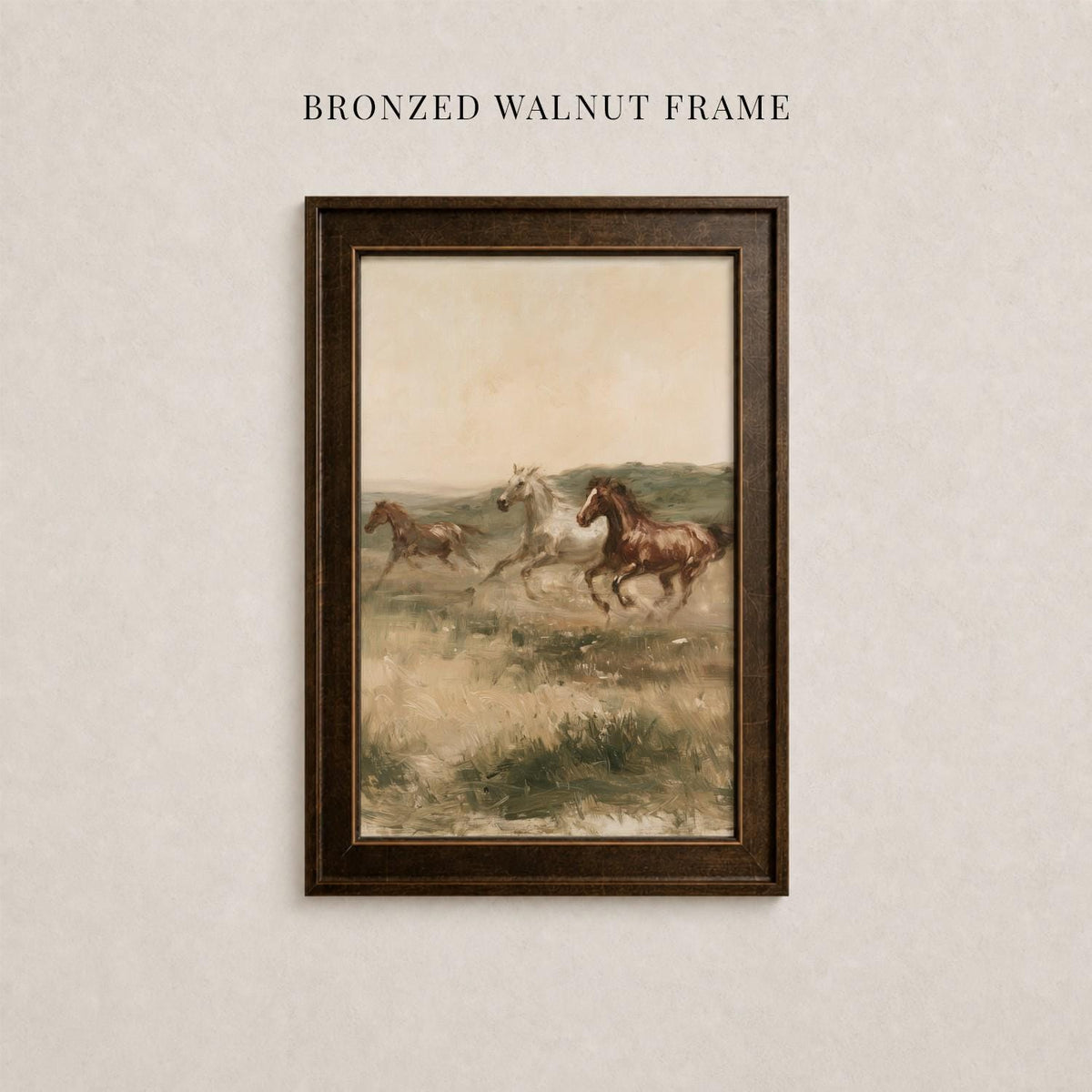 The image is a framed painting depicting three horses galloping across a grassy field.