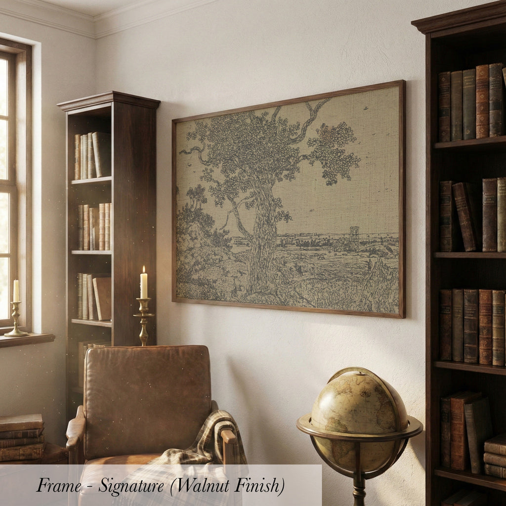 a cozy living room with a large framed artwork depicting a tree on the wall, a leather armchair, a globe, and a bookshelf filled with books.
