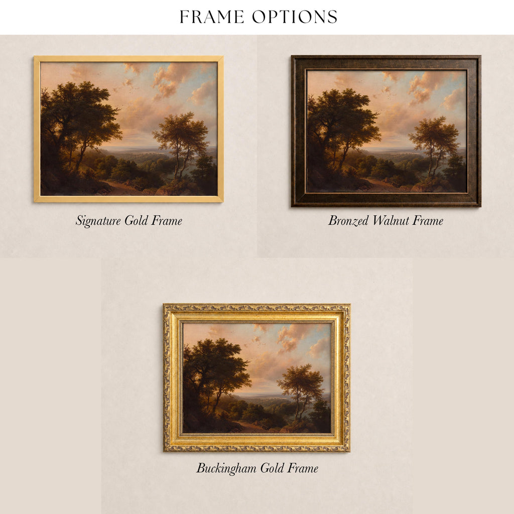 three framed landscape paintings, each with a different frame style: a signature gold frame, a bronze walnut frame, and a Buckingham gold frame.
