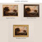 three framed landscape paintings, each with a different frame style: a signature gold frame, a bronze walnut frame, and a Buckingham gold frame.