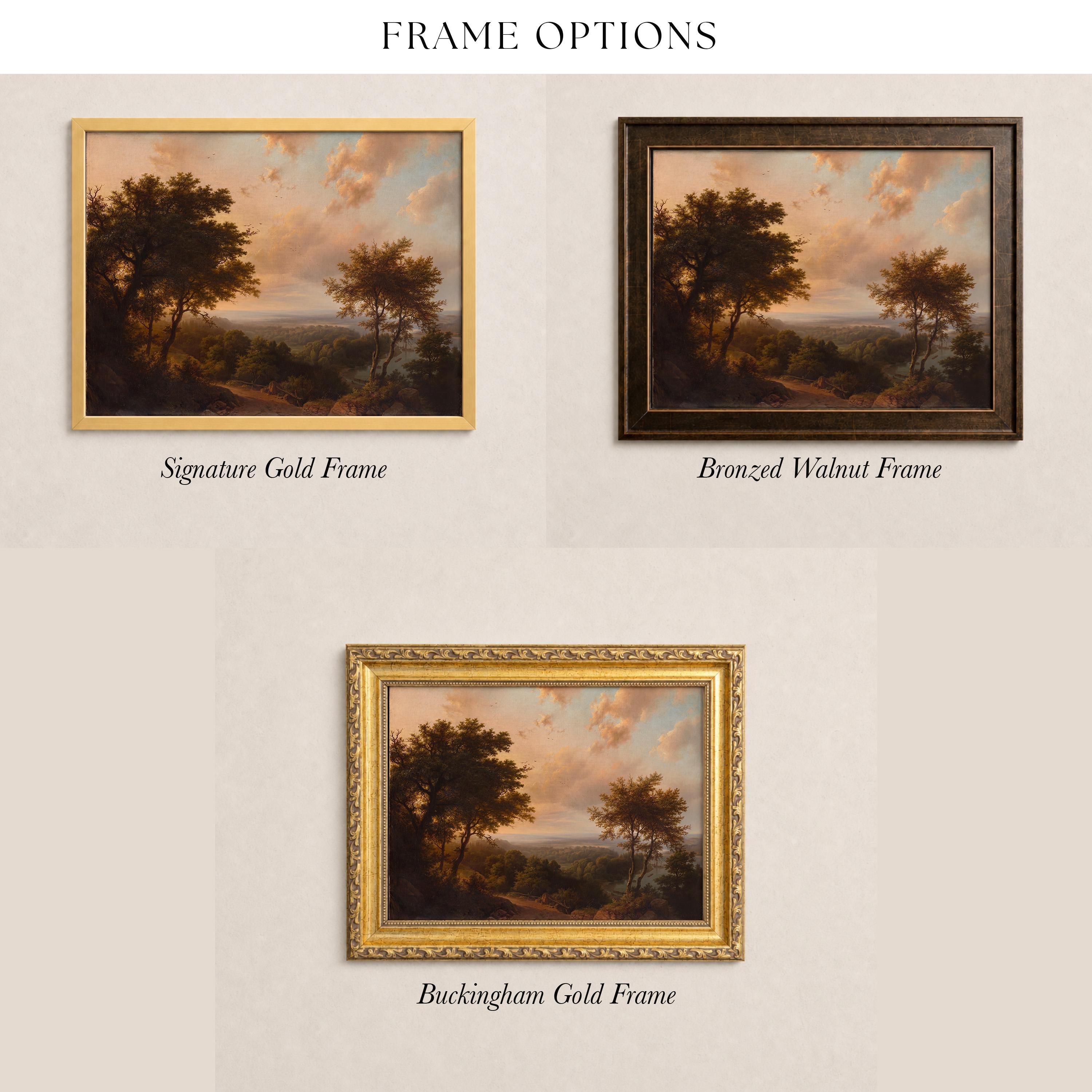 three framed landscape paintings, each with a different frame style: a signature gold frame, a bronze walnut frame, and a Buckingham gold frame.
