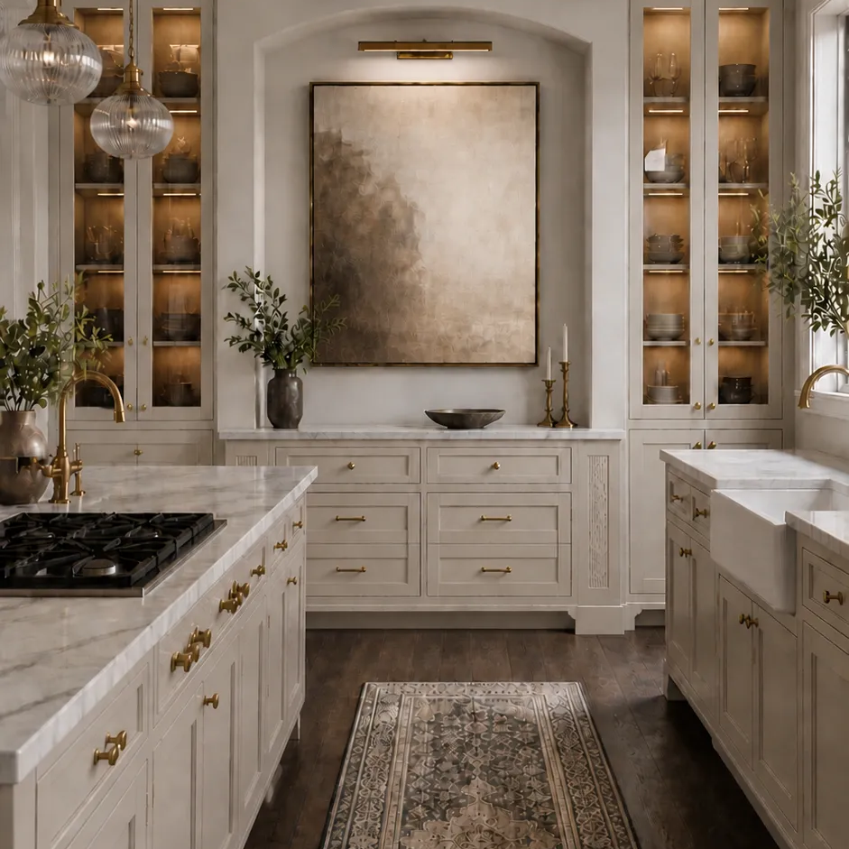 a spacious and elegant kitchen with white cabinets, a large rug, and a large painting on the wall. The kitchen features a double sink, a gas range, and a large window that allows natural light to flood the space.