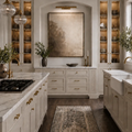 a spacious and elegant kitchen with white cabinets, a large rug, and a large painting on the wall. The kitchen features a double sink, a gas range, and a large window that allows natural light to flood the space.