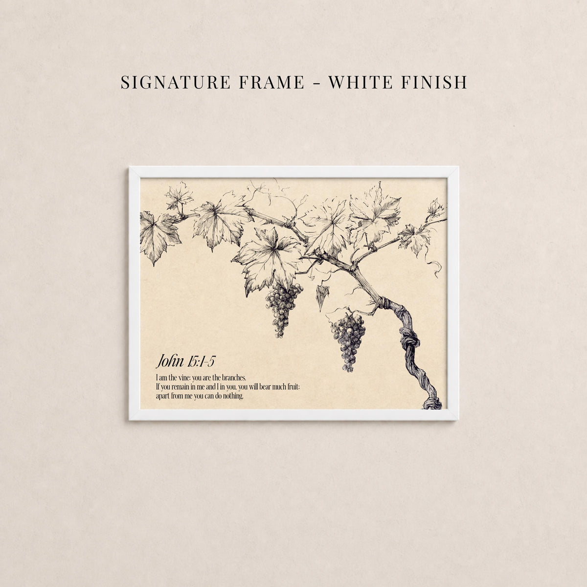 The image is a framed print featuring a black and white illustration of grapes on a vine.