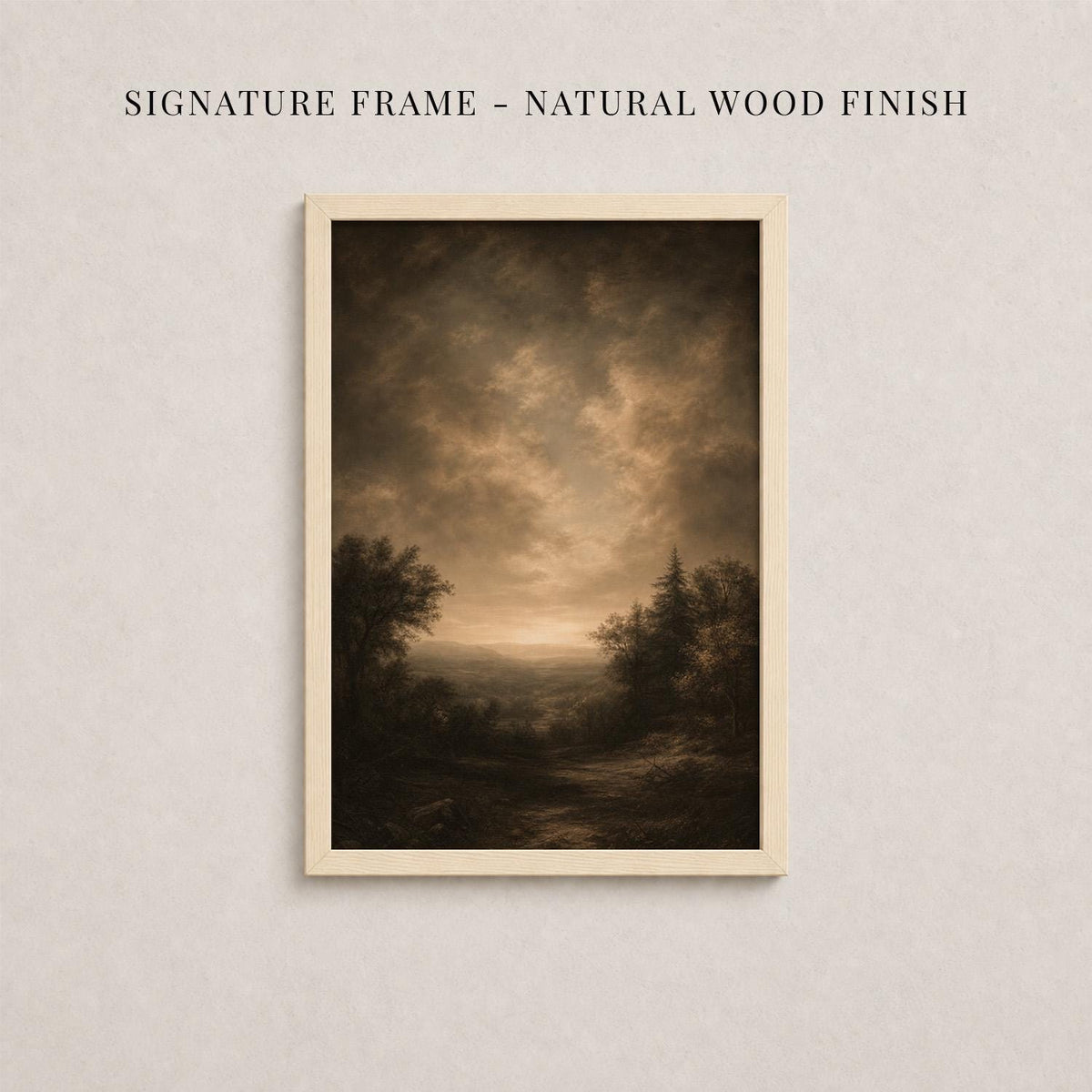 The image is a framed landscape painting depicting a serene countryside scene with trees and a winding path.