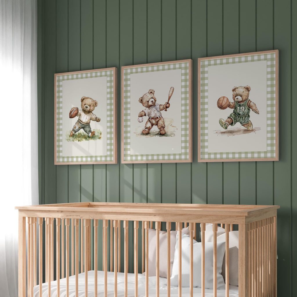 Set of 6 Vintage Teddy Bear Sports Wall Art, Babyshower Gift Boy, Watercolor Illustrations, Sports Nursery Theme Decor for Kids Room