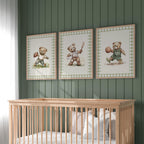 Set of 6 Vintage Teddy Bear Sports Wall Art, Babyshower Gift Boy, Watercolor Illustrations, Sports Nursery Theme Decor for Kids Room