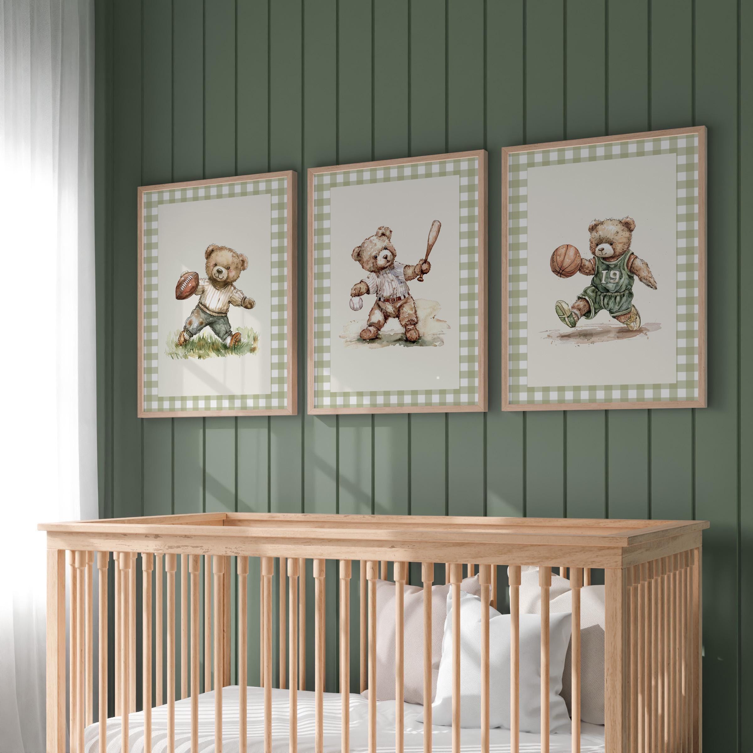 Set of 6 Vintage Teddy Bear Sports Wall Art, Babyshower Gift Boy, Watercolor Illustrations, Sports Nursery Theme Decor for Kids Room
