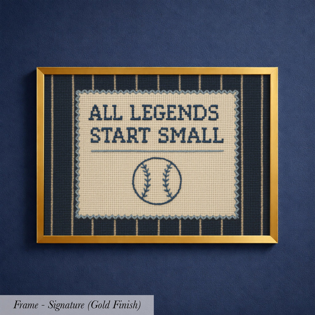 The image is a framed poster with the text "ALL LEGENDS START SMALL" and a baseball graphic.