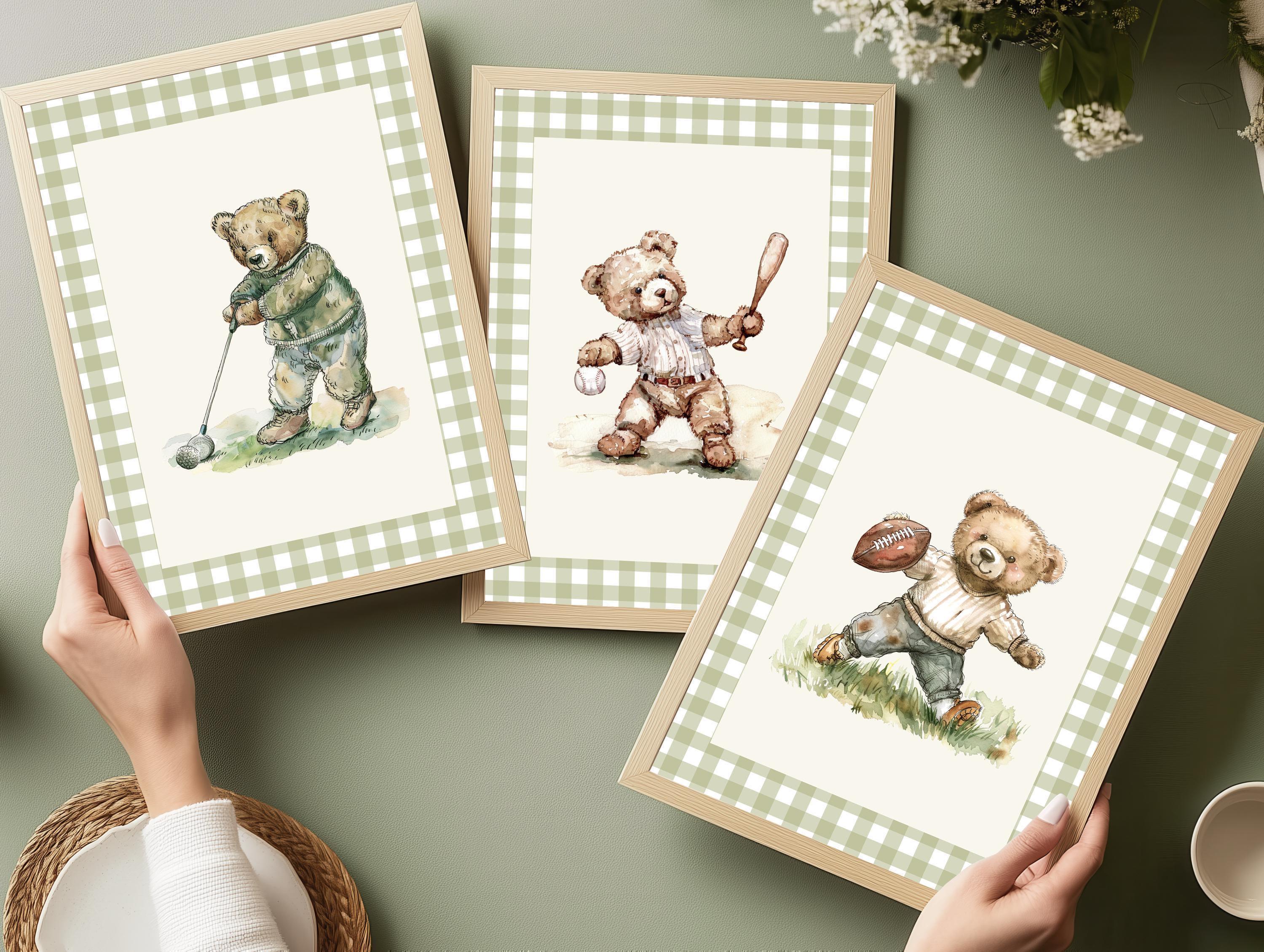 Vintage Gingham Teddy Bear Sports Set of 3 | 1850