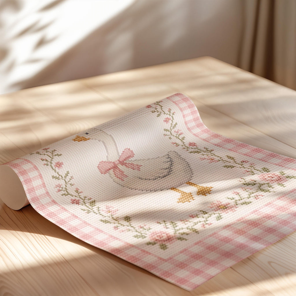 Pink Gingham Cross Stitch Goose Print ∙ Vintage Girl Room Art ∙ 2167