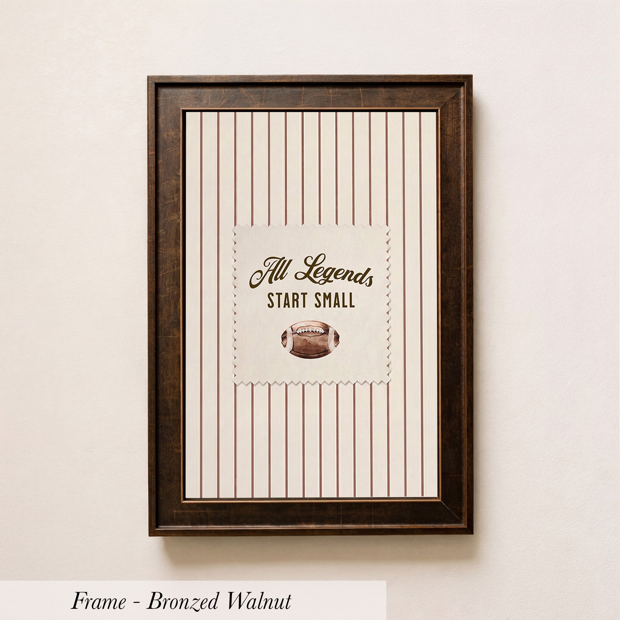 A framed picture with a striped background and a football image in the center.