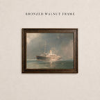 The image is a framed painting of a large ship sailing on the water, with a dark brown wooden frame.