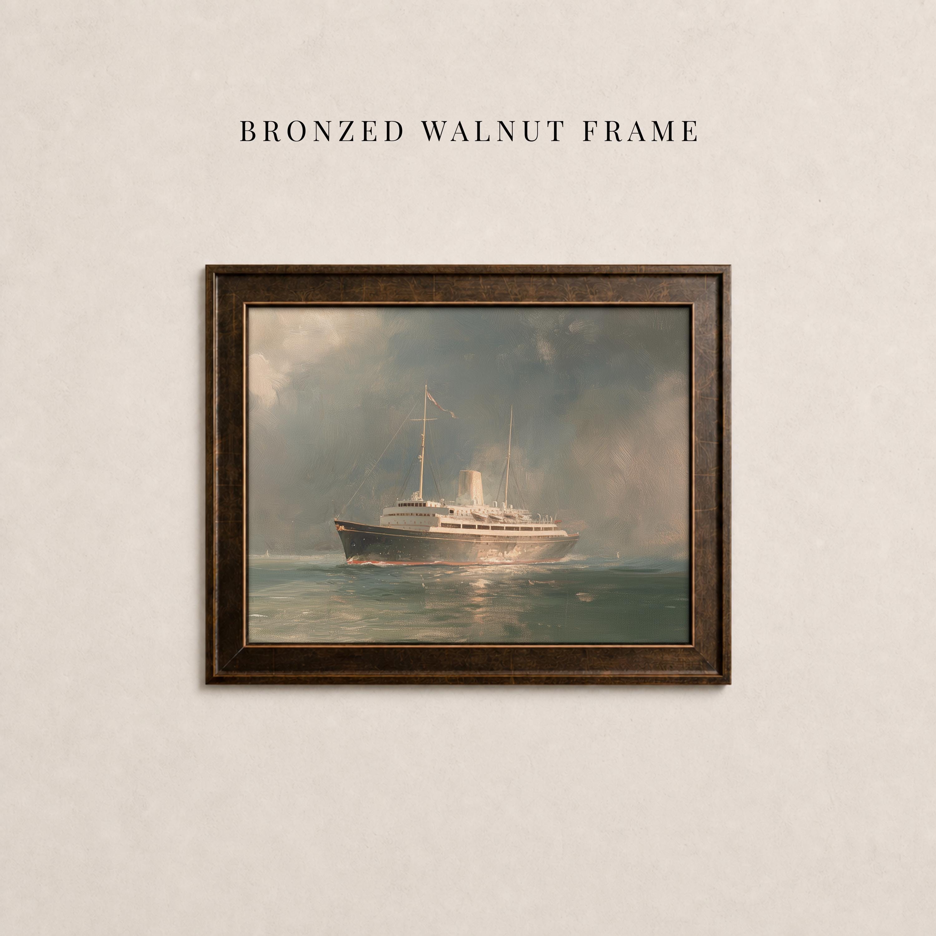The image is a framed painting of a large ship sailing on the water, with a dark brown wooden frame.