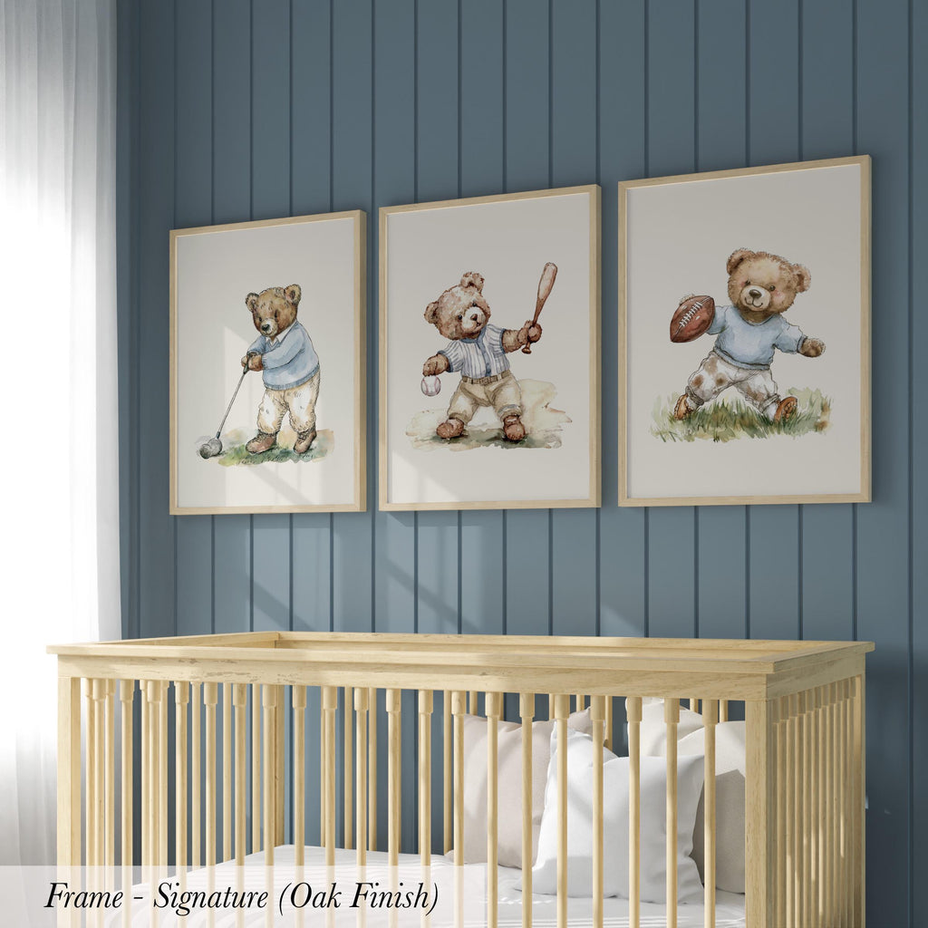 three framed pictures of teddy bears, each depicting a different activity: playing golf, playing baseball, and playing football.