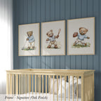 three framed pictures of teddy bears, each depicting a different activity: playing golf, playing baseball, and playing football.