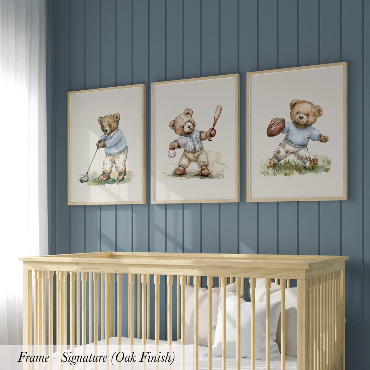 three framed pictures of teddy bears, each depicting a different activity: playing golf, playing baseball, and playing football.