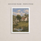 The image is a framed painting depicting a rural landscape with a small white house, a pond, and trees with white flowers.