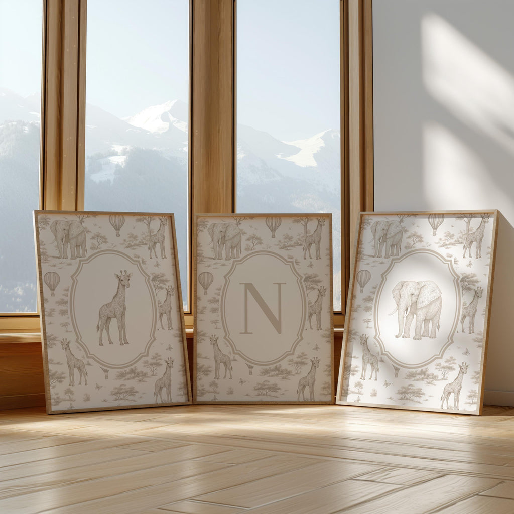 Beige Safari Nursery Art Prints: Chinoiserie Toile de Jouy Animals | 1443