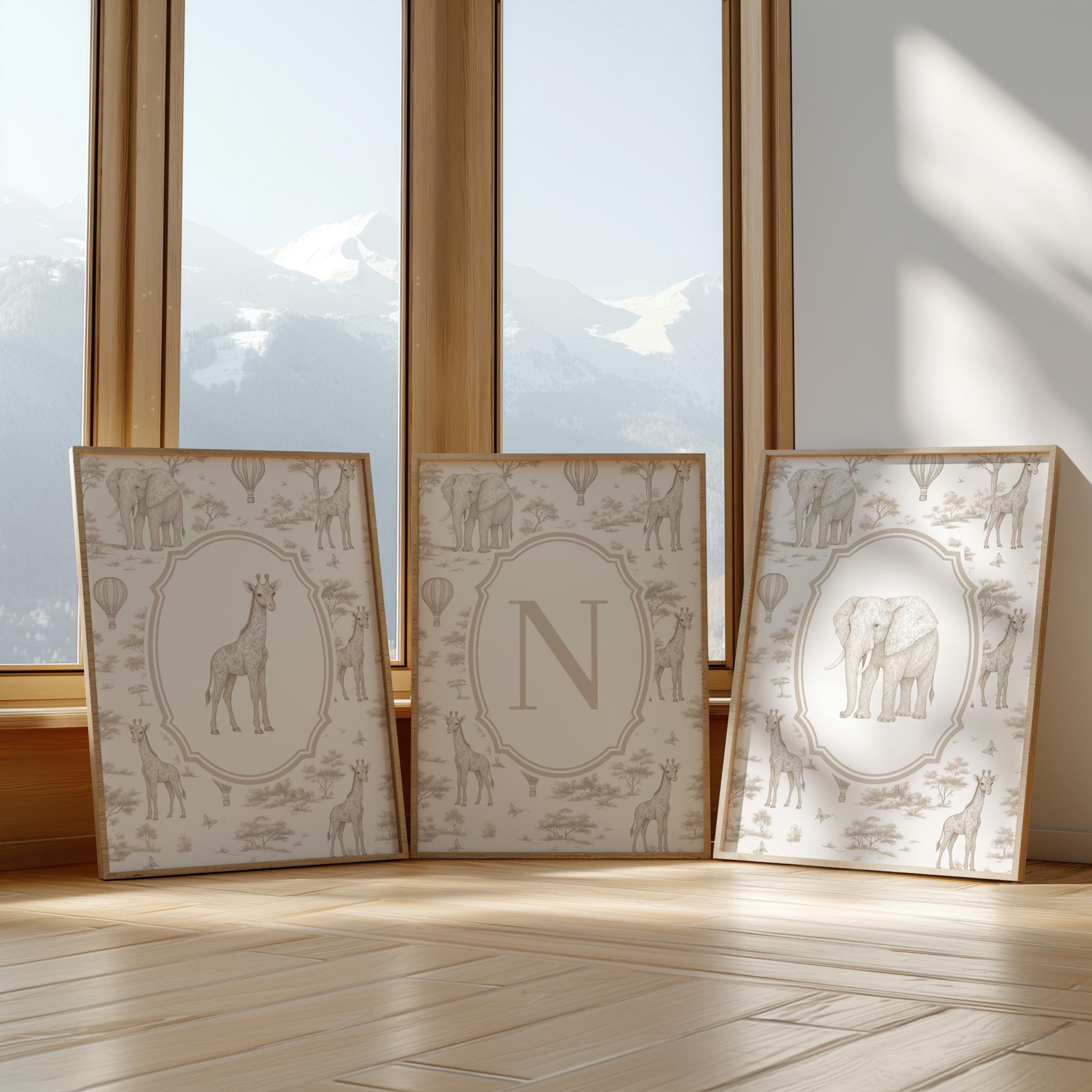 Beige Safari Nursery Art Prints: Chinoiserie Toile de Jouy Animals | 1443