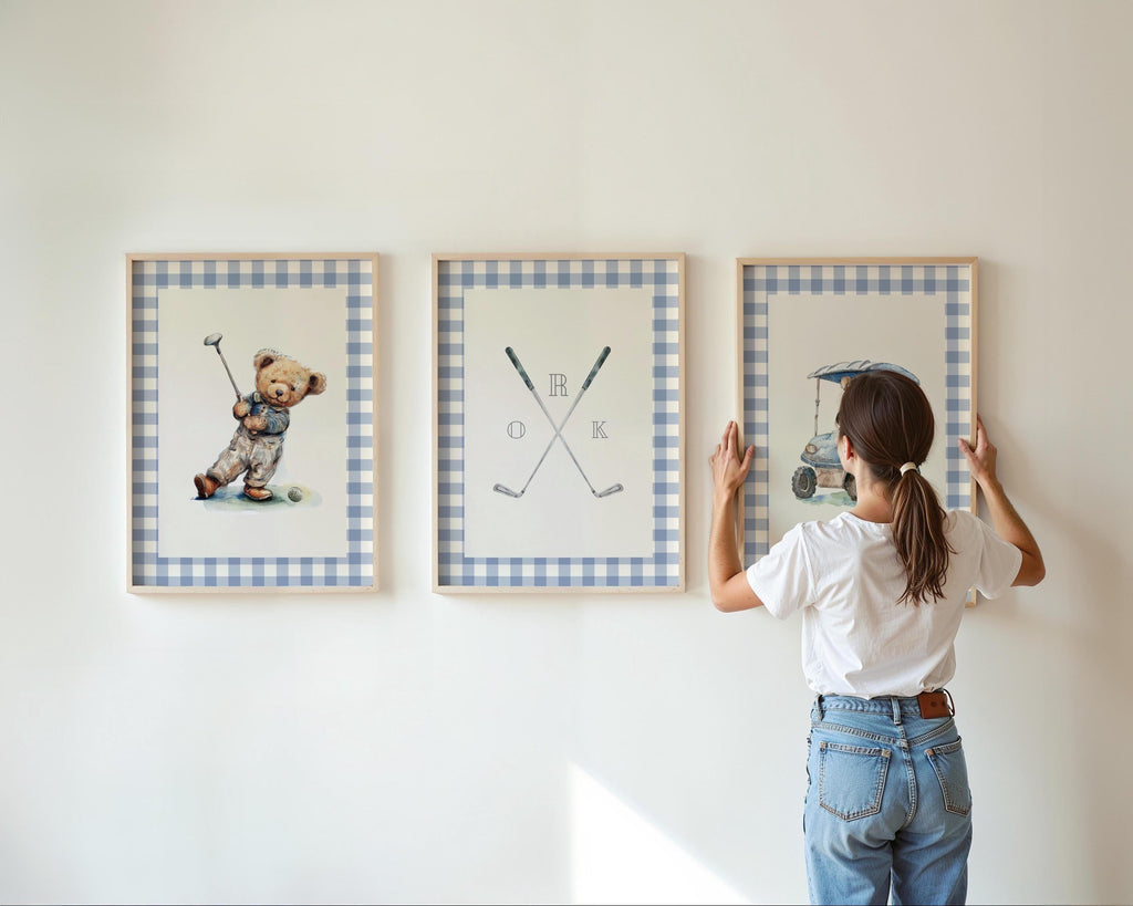 Boy golf nursery art, Vintage boy nursery, Teddy Bear Golf Print Nursery, Teddy Bear Art Kids Room, Gingham, Blue, Digital,Printable,Framed