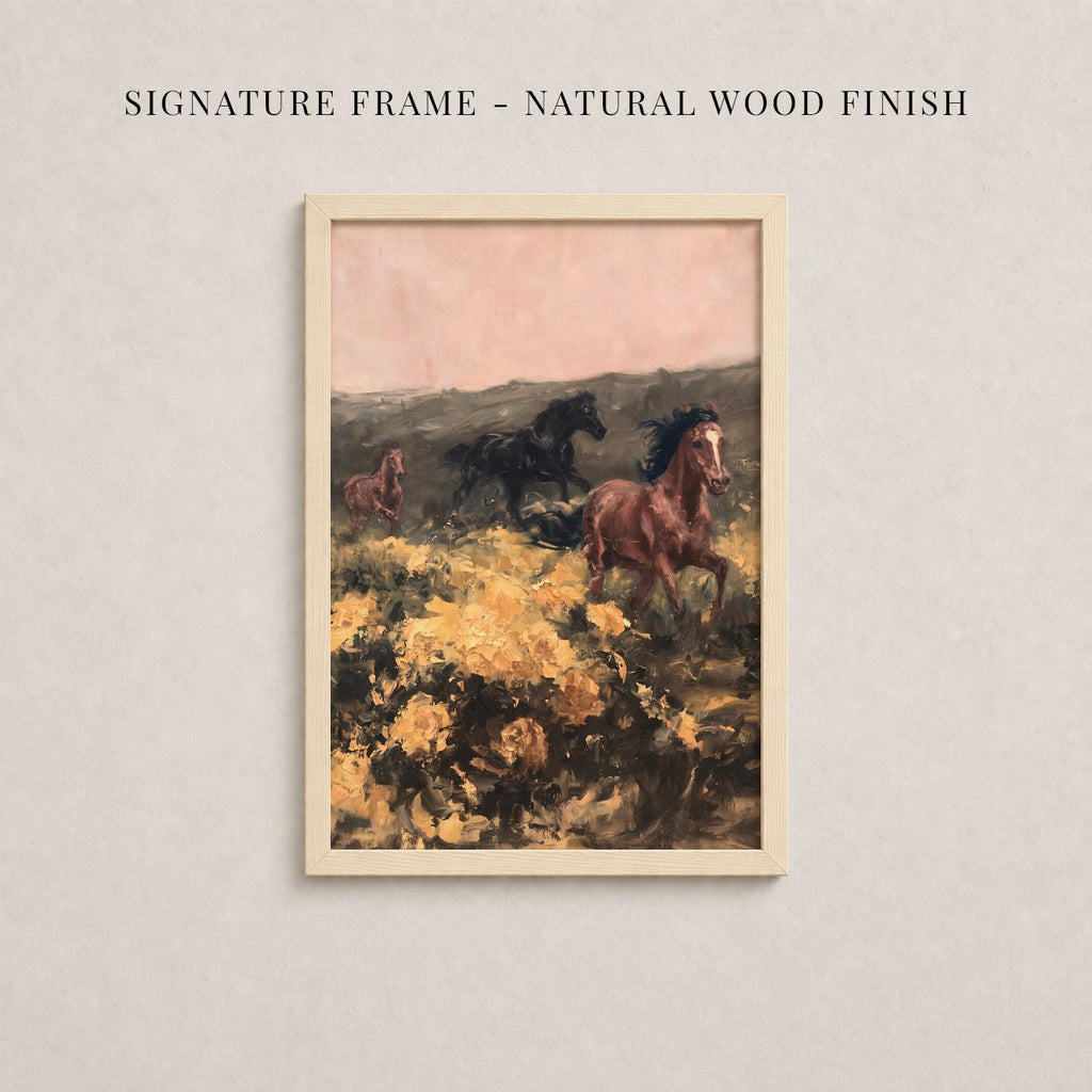 The image is a framed painting depicting three horses galloping through a field of flowers.