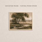 The image is a framed painting depicting a serene landscape with a tree, a stream, and a grassy field.