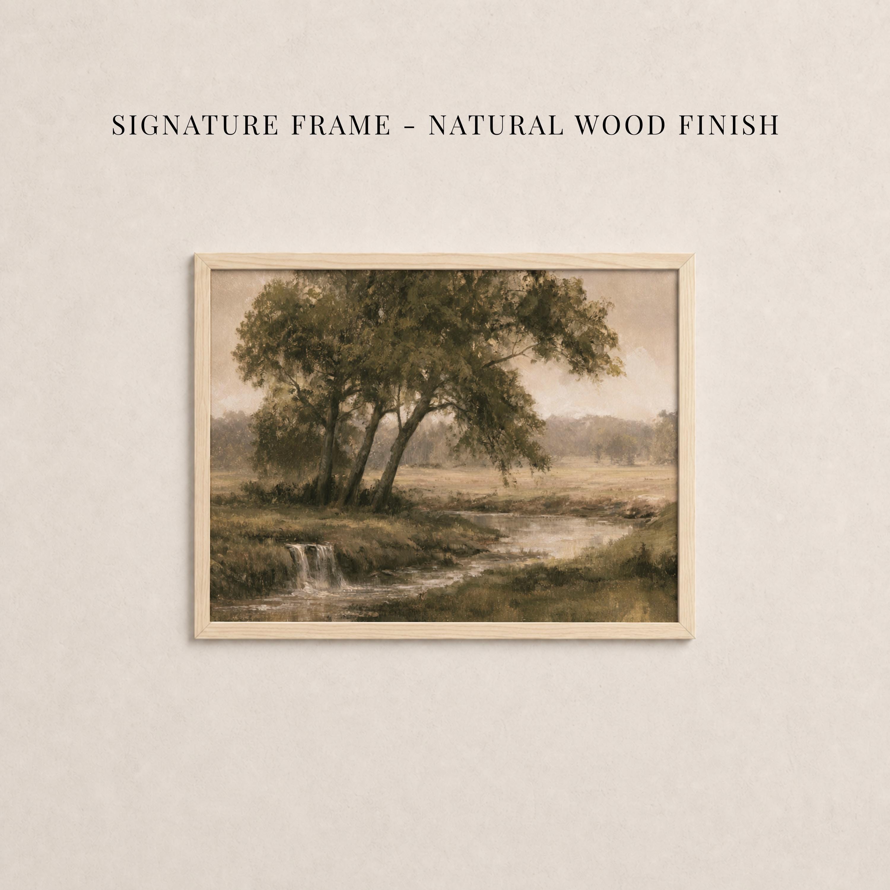 The image is a framed painting depicting a serene landscape with a tree, a stream, and a grassy field.