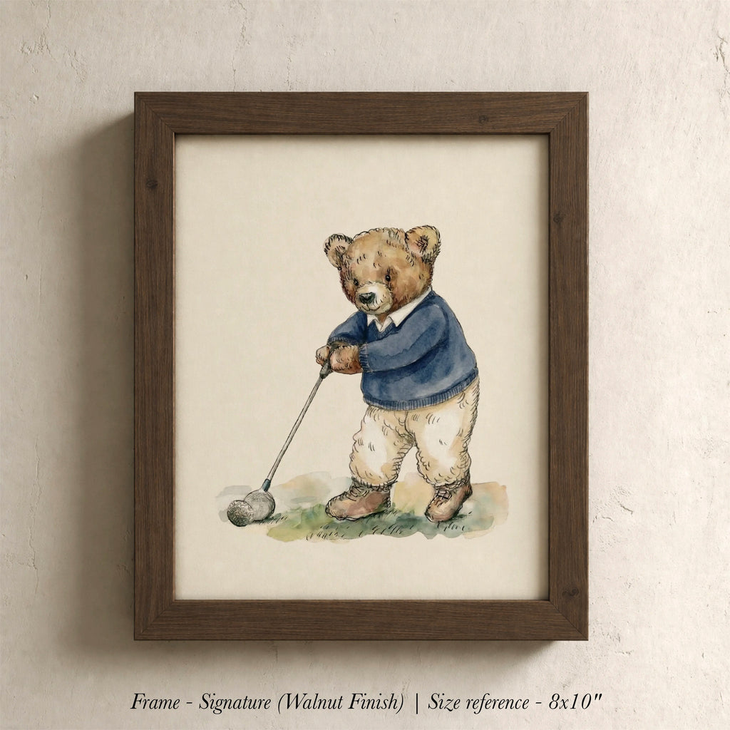 A framed watercolor painting of a teddy bear dressed in a blue sweater and holding a golf club, standing on a grassy surface.