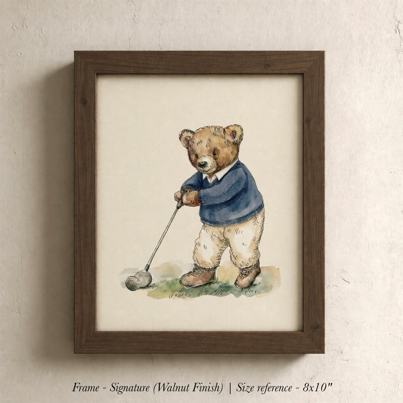 A framed watercolor painting of a teddy bear dressed in a blue sweater and holding a golf club, standing on a grassy surface.