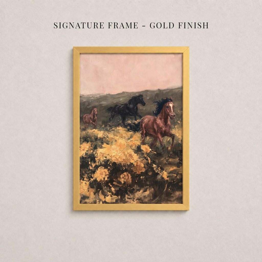 The image is a framed painting depicting three horses galloping through a field of flowers.