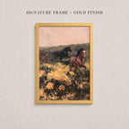 The image is a framed painting depicting three horses galloping through a field of flowers.