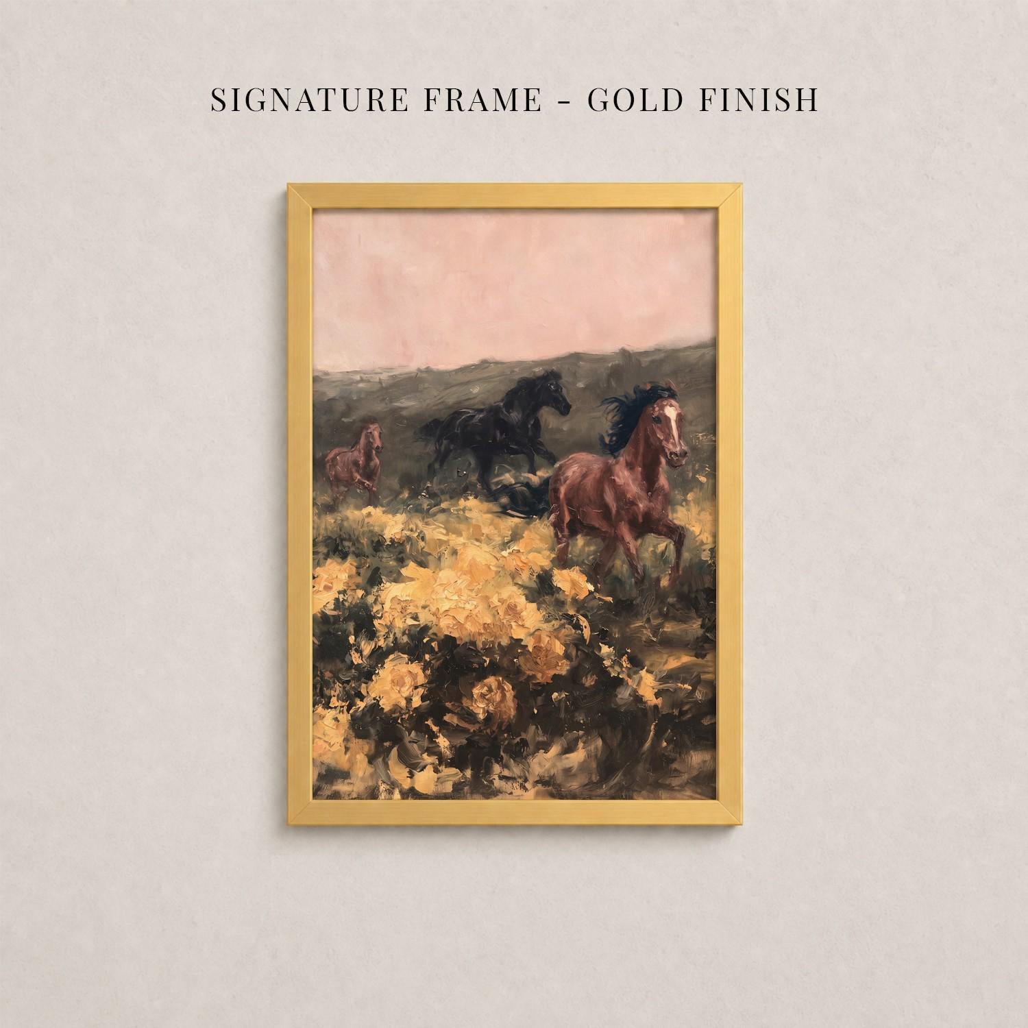 The image is a framed painting depicting three horses galloping through a field of flowers.
