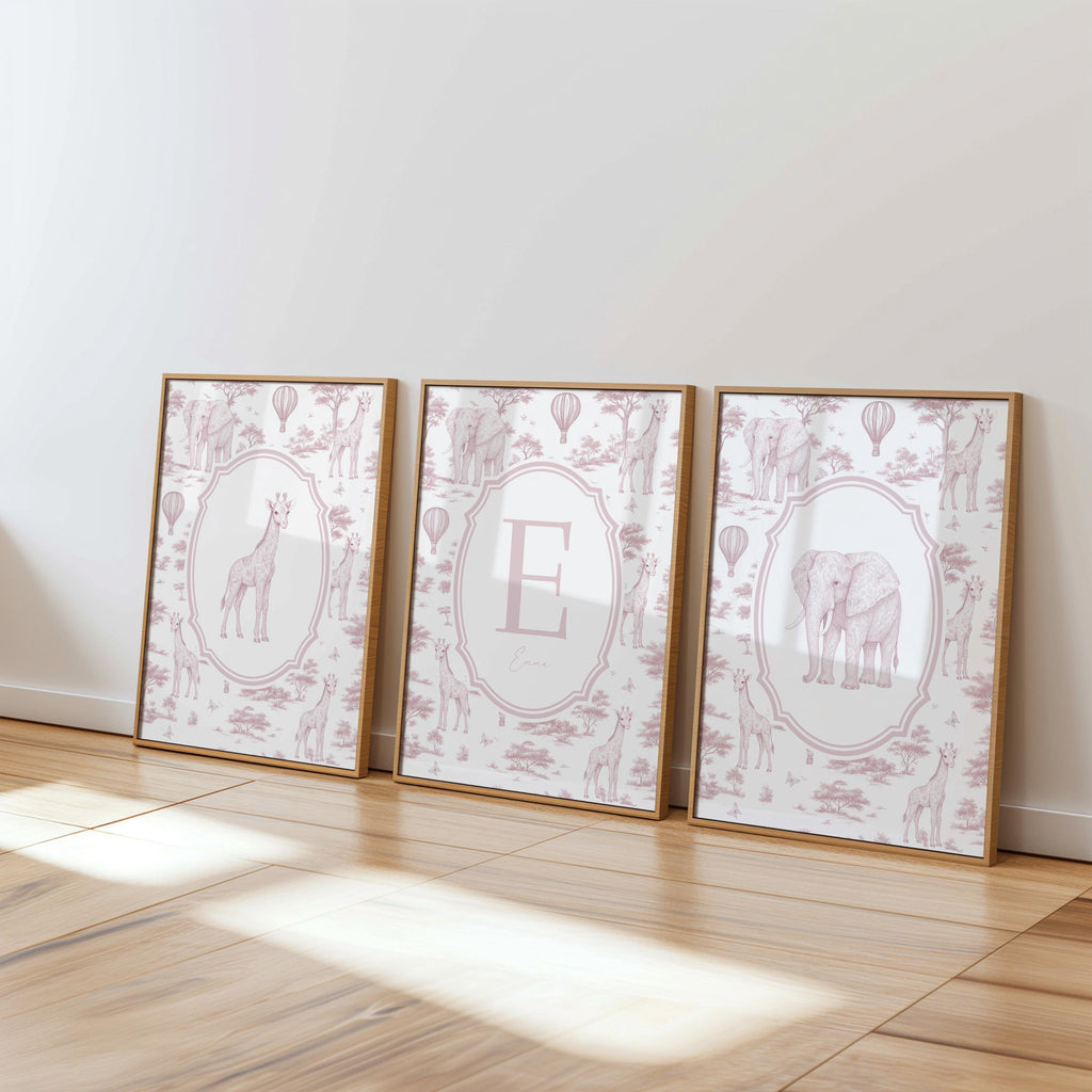 Safari Prints Nursery Girl Chinoiserie French Toile de Jouy Art Set of 3 Animals Pink baby Girl decor decorating ideas, Digital Framed