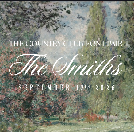The image is a poster for an event called "The Smiths" on September 12th, 2026. The poster features a painting of a forest with trees and flowers, and the text is in a cursive font.