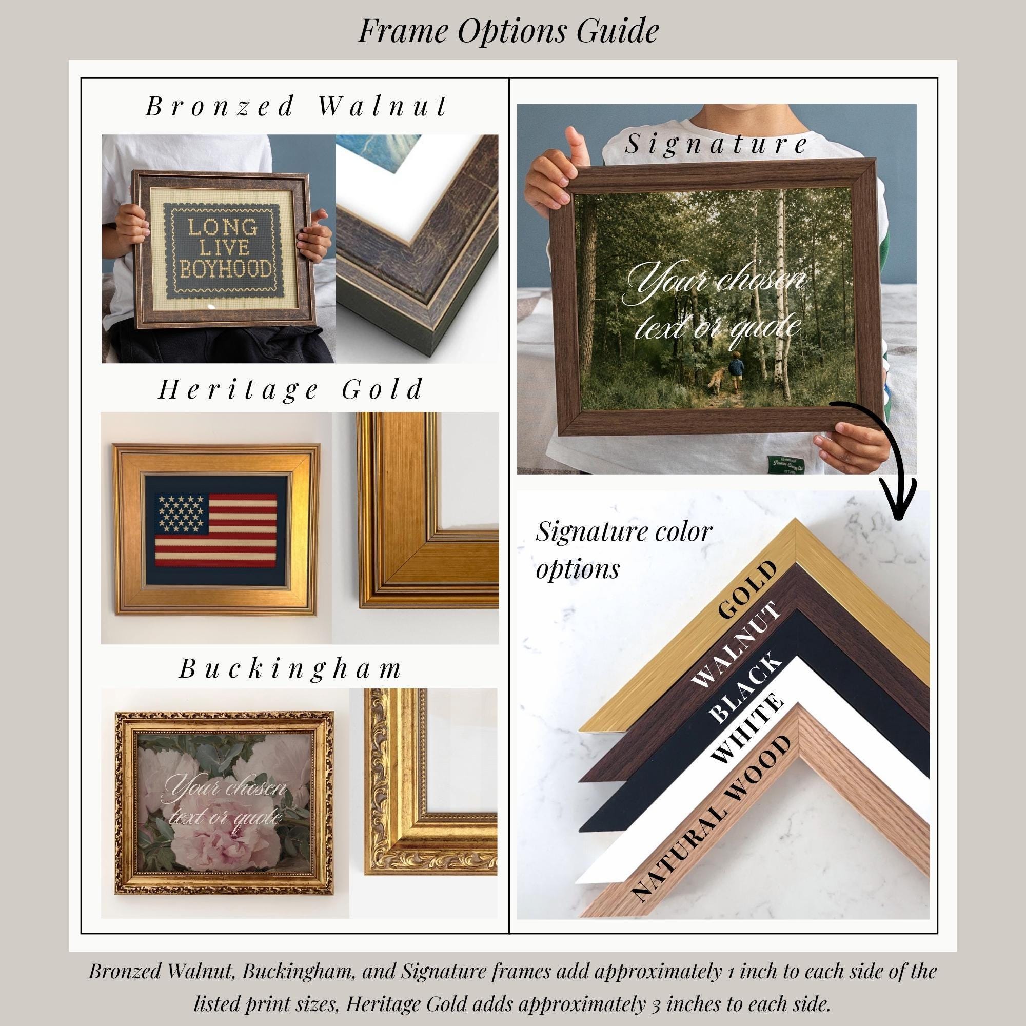 The image is a framed options guide that provides information about different framed options available for prints and canvas art. It includes a list of various frame options such as black, white, oak, natural wood, gold, walnut, bronze, and heritage gold, along with their corresponding print sizes. All measurements are taken by hand, and the image is described in a concise and straightforward manner, avoiding redundancy and vague wording.