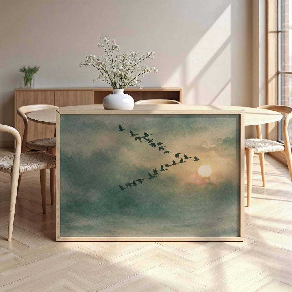 Framed Sage Green Japandi Flying Birds Canvas Wall Art Print | 2224